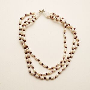Fresh water rice pearls brown crystal beads triple strand necklace 32"
